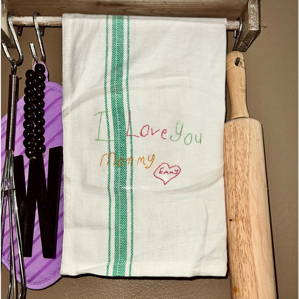 Hand Embroidered From Kid’s Handwriting Kitchen Flour Sack Towel Green/Blue/Red